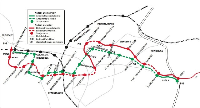 Pierwszy wariant przebiegu linii metra okazał się zbyt kręty, co powodowało wydłużenie czasu przejazdu z Nowej Huty do Bronowi. Drugia koncepcja jest "szybsza", ale droższa. Ponadto omija duże osiedla, halę w Czyżynach, a szyny muszą niemal na całej długości biec tunelem.