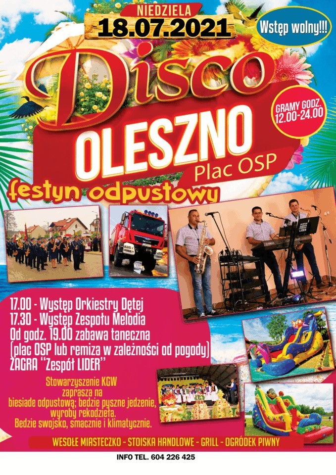 Disco Oleszno - festyn odpustowy z koncertami i zabawą taneczną w niedzielę, 18 lipca