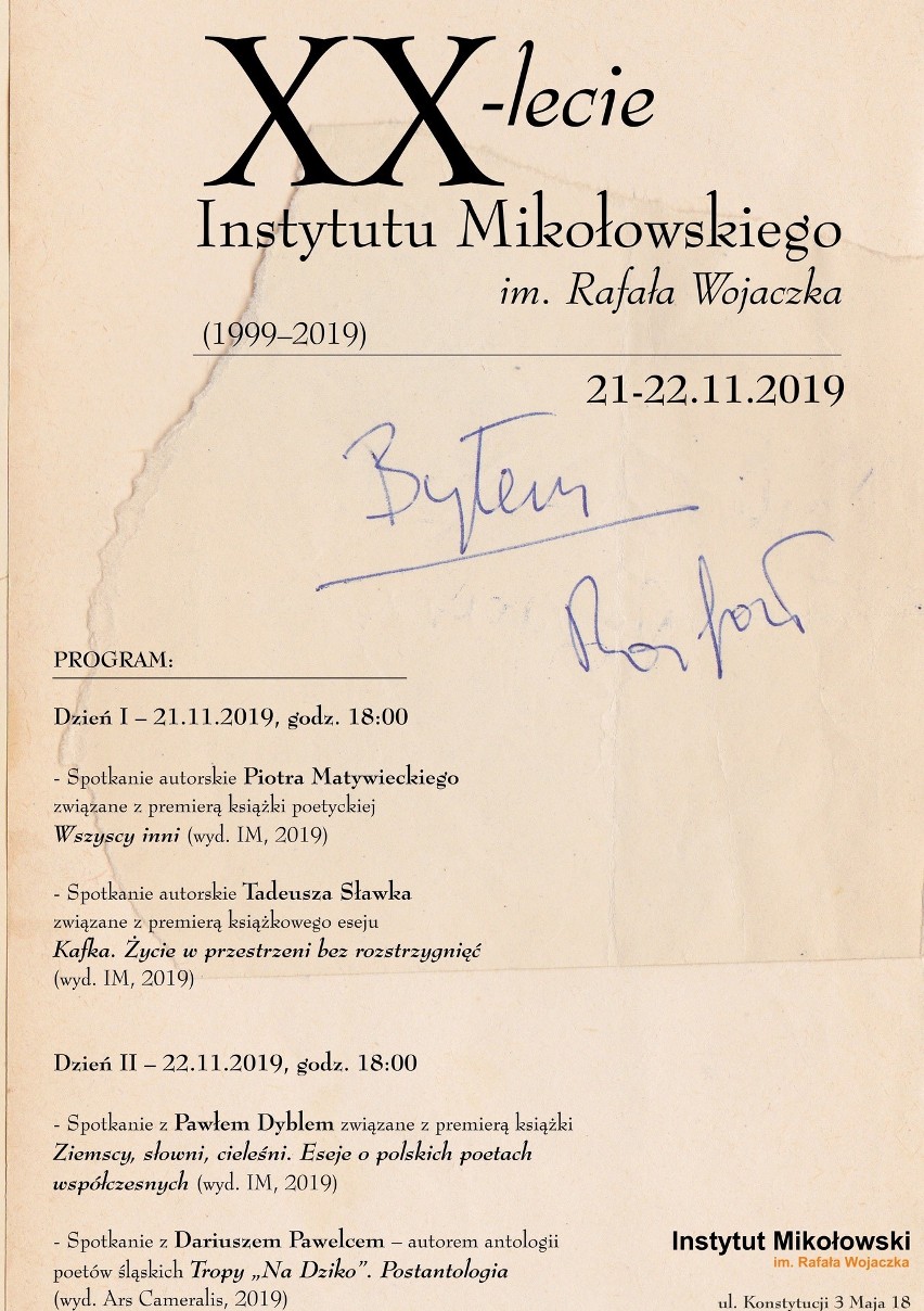 Instytut Mikołowski ma 20 lat. Urodzinowe spotkania poetyckie PROGRAM