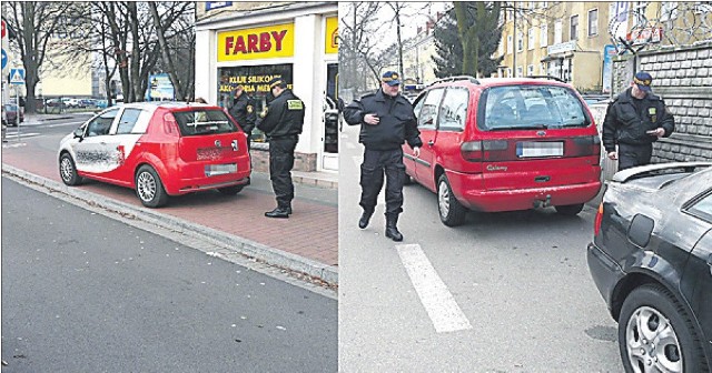 Kierująca zostawiła auto na ścieżce rowerowej, by w sklepiku obok załatwić sprawę służbową (z lewej). Na zdjęciu z prawej strażnicy interweniują po zablokowaniu ścieżki dla pieszych.