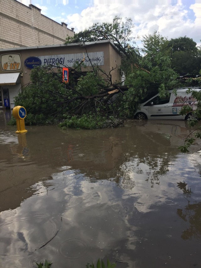 Po ulewie, która przeszła nad Radomiem we wtorek, 22 maja, ulica Struga była nieprzejezdna. Przy targu nad rzeczką drzewo spadło na samochód.