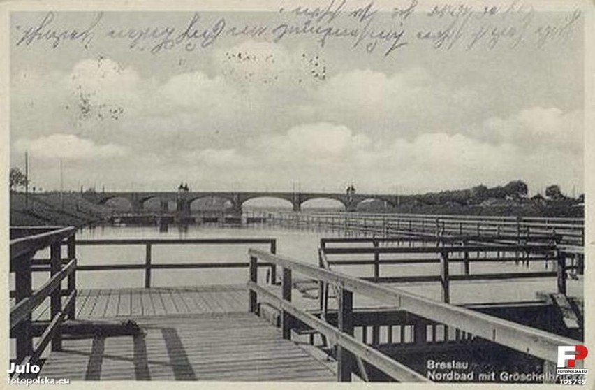 Kąpielisko Różanka, w tle most Osobowicki - lata 1927-1944