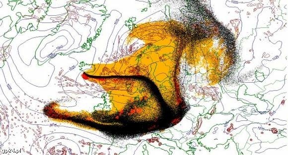 Grafika przedstawiająca rozprzestrzenianie się pyłu wulkanicznego opracowana przez norweskich meteorologów na dzień 17 kwietnia