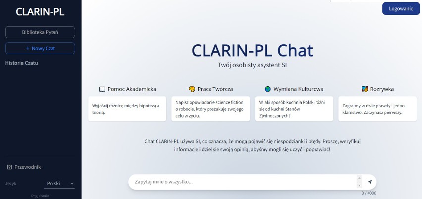 Tak wygląda okienko dialogowe polskiego projektu CLARIN-PL...