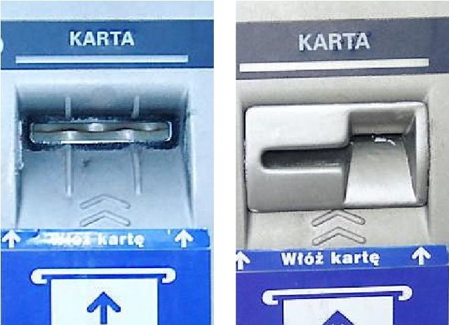 Z lewej - oryginalna szczelina bankomatu, z prawej - nakładka założona przez złodziei, przyklejona na silikon.