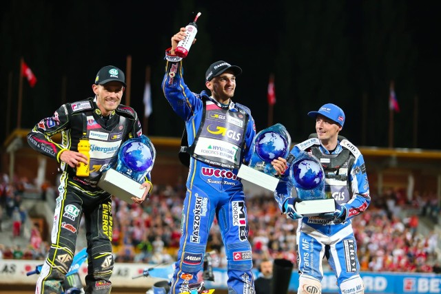 Podium Grand Prix Polski na Stadionie Olimpijskim. Od lewej Martin Vaculik, Bartosz Zmarzlik i Leon Madsen.