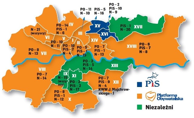 Mapka pokazuje, kto będzie rządził w krakowskich radach dzielnic i jaki jest ich skład