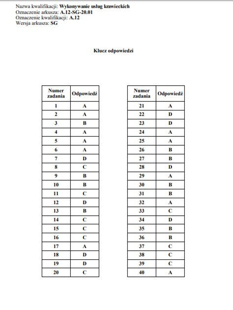 Egzamin zawodowy CKE 2020 -  arkusz styczeń, odpowiedzi.
