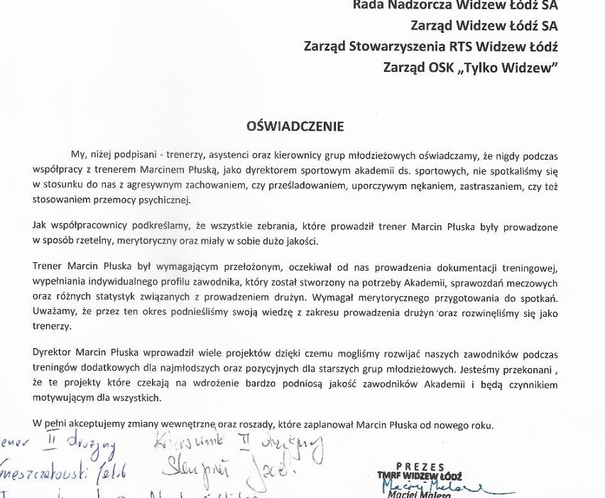 Oświadczenia Marcina Płuski i jego współpracowników dotyczące zwolnienia dyrektora piłkarskiej akademii z Widzewa