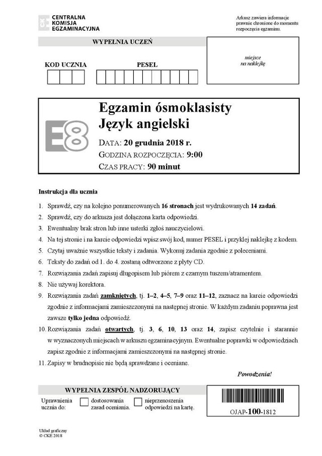 Próbny egzamin ósmoklasisty 2018 ANGIELSKI - arkusz CKE, klucz odpowiedzi z egzaminu z języka angielskiego
