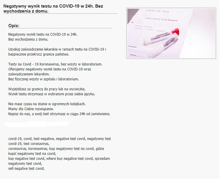 W internecie kwitnie handel fałszywymi wynikami testu na koronawirusa. Za 200 zł można kupić też lewe zaświadczenie o szczepieniu  