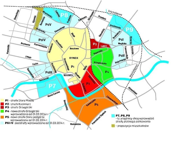 Na terenach zaznaczonych za niebiesko (P7, P8, P9) będzie najpewniej poszerzona strefa płatnego parkowania. Czy również między ul. Racławicką i al. Kijowską? (P10)