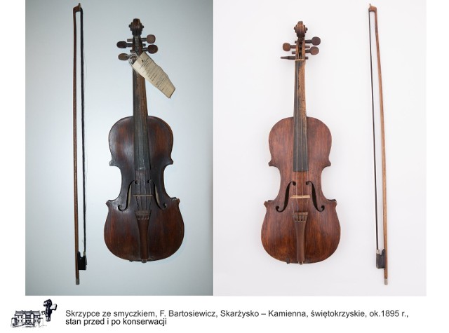 Te skrzypce pochodzą z 1895 roku ze Skarżyska. Na zdjęciu z lewej przed, z prawej po konserwacji.