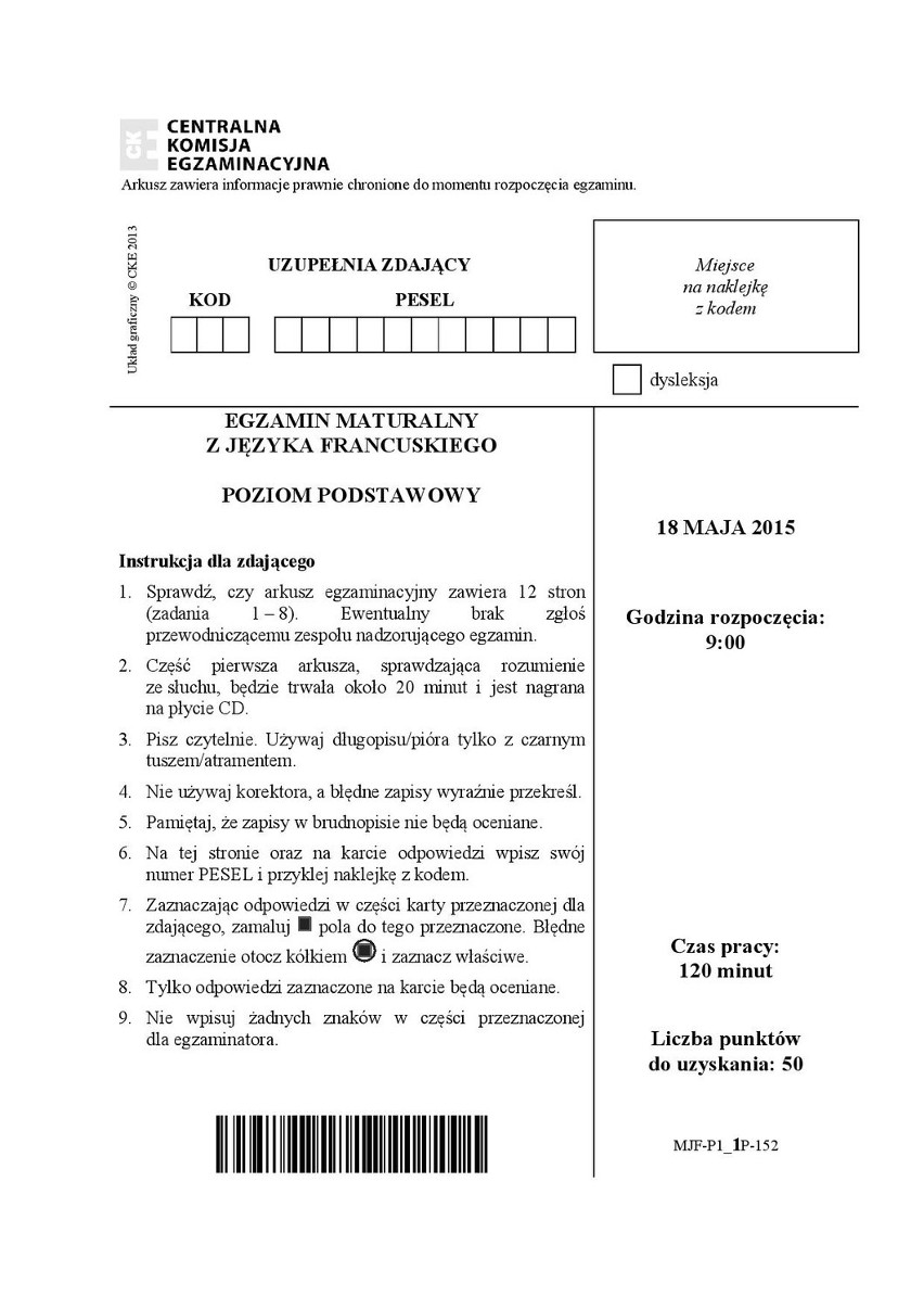 Matura 2015. Język FRANCUSKI poziom podstawowy dla TECHNIKUM...