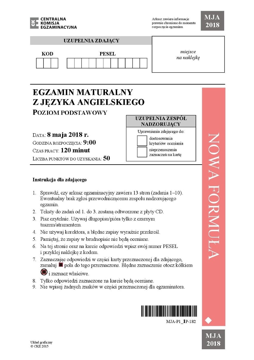 Arkusz egzaminacyjny z matury z języka angielskiego 2018.