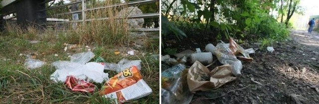 (Od lewej) Czytelnicy alarmują, że podziwianie piękna kieleckiego rezerwatu Kadzielnia, psują takie widoki. W przejściu od ulicy Prostej do Ściegiennego wciąż zalegają odpadki.