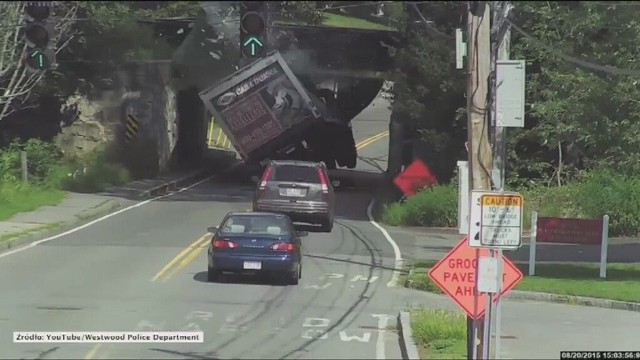 Kamera monitoringu zarejestrowała groźne zderzenie ciężarówki z mostem. Do spektakularnego wypadku doszło w Westwood, w stanie Massachusetts / Fot. STORYFUL/x-news