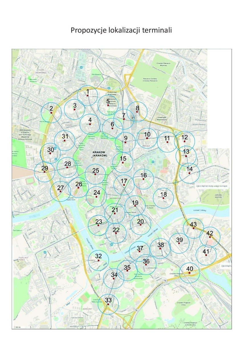 mapa wstępnych lokalizacji stacji w Krakowie