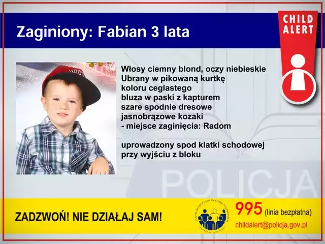 Child Alert: 3-letni Fabian został porwany dziś około godz. 7 w Radomiu