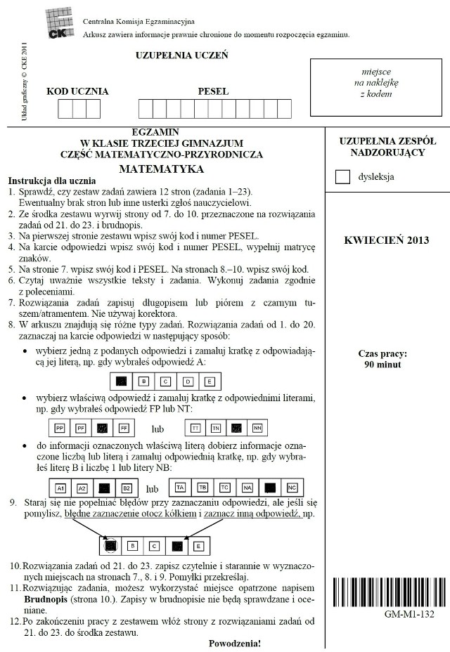 Egzamin gimnazjalny - arkusz CKE - matematyka z roku 2013