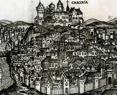 Mury Krakowa, rycina z kroniki Marcina Schedla z 1493 r.
