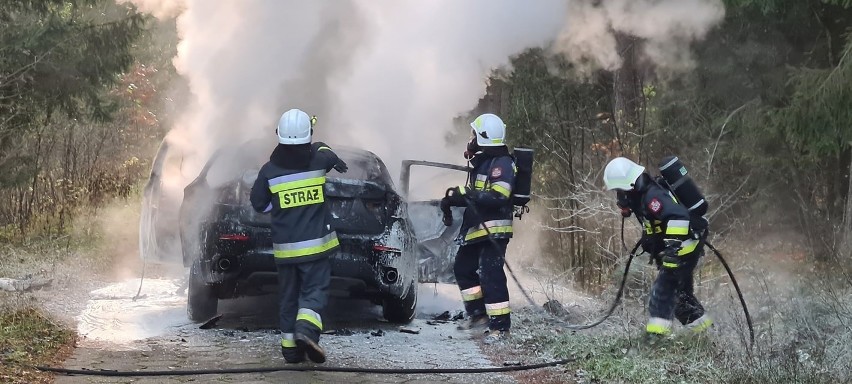 Waliły. Pożar samochodu przy drodze krajowej nr 65. Auto osobowe typu SUV płonęło jak pochodnia [ZDJĘCIA]