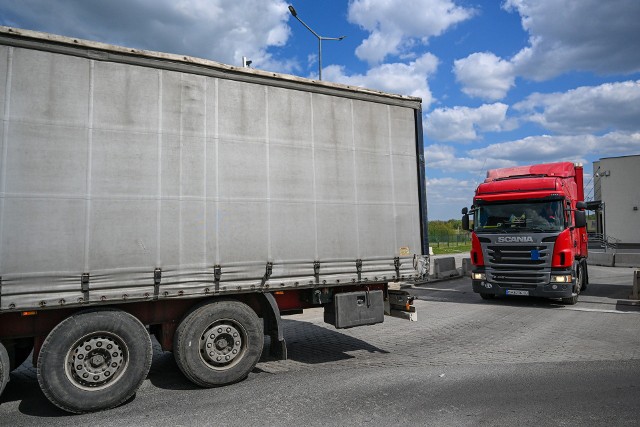 Nowy spot PiS dotyczy embarga na zboże z Ukrainy. Na zdjęciu ciężarówki ze zbożem na granicy polsko-ukraińskiej
