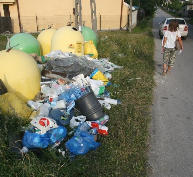 Śmietnisko przy pojemnikach na segregację śmieci w podkieleckich Domaszowicach jest doprawdy imponujące.