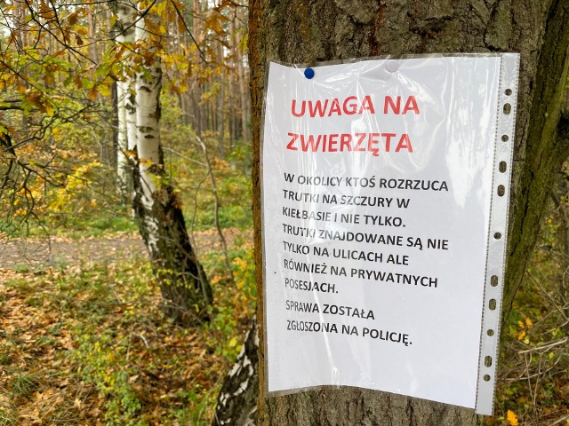 Na skraju lasu przy ul. Zamkowej wiszą anonimowe ostrzeżenia przed trutkami
