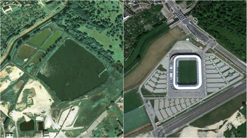 Arena Lublin. Po lewej: teren w 2007 r. Po prawej: gotowy...