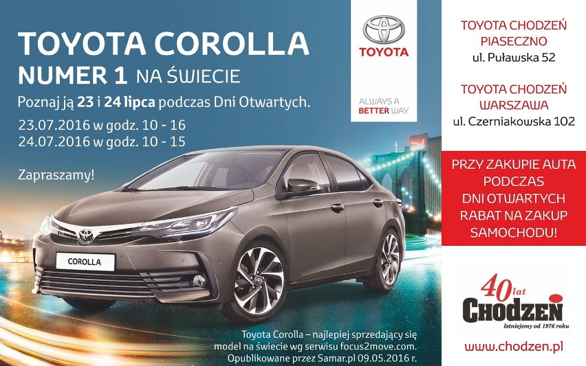 Nowa Toyota Corolla. Poznaj ją w salonach Toyota Chodzeń podczas Dni Otwartych 23 i 24 lipca 2016. 