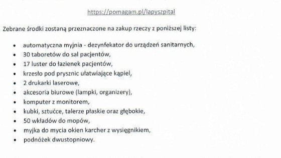Szpital w Łapach. Pomóżmy szpitalowi zebrać na wyposażenie. Trwa zbiórka na portalu pomagam.pl [ZDJĘCIA]