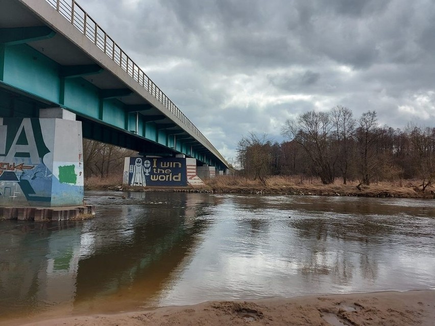 Rzeka Pilica w Warce- pod mostem samochodowym. Miejsce...