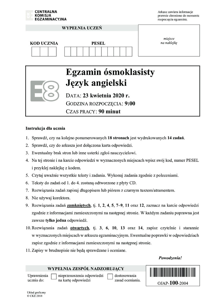 Egzamin ósmoklasisty - język angielski: Odpowiedzi i arkusz...