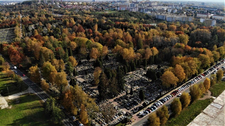 Kraków. Cmentarz batowicki w jesiennych kolorach [ZDJĘCIA Z DRONA]