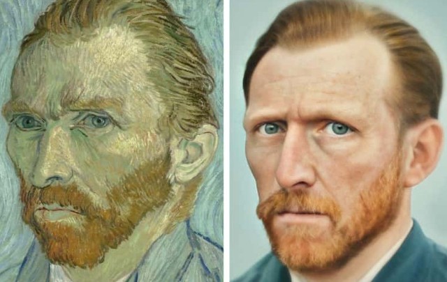 Vincent van GoghZdjęcie po lewej to jeden z wielu autoportretów słynnego malarza namalowany w 1889 roku. Obraz po lewej to dzieło sztucznej inteligencji przedstawiający fotorealistyczną sylwetkę.
