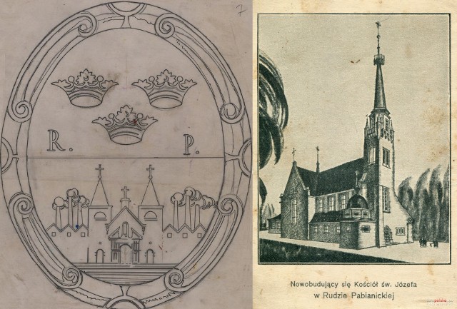 14 lutego 1923  Ruda Pabianicka zyskała prawa miejskie. Miastem była równo 23 lata. Na zdjęciu herb Rudy Pabianickiej i rudzki kościół.