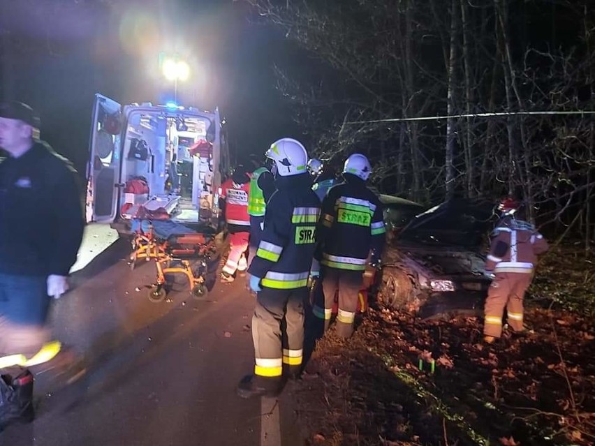 Wypadek w Krępkowicach, pow. lęborski 17.02.2020. Samochód osobowy uderzył w drzewo, jedna osoba poszkodowana 