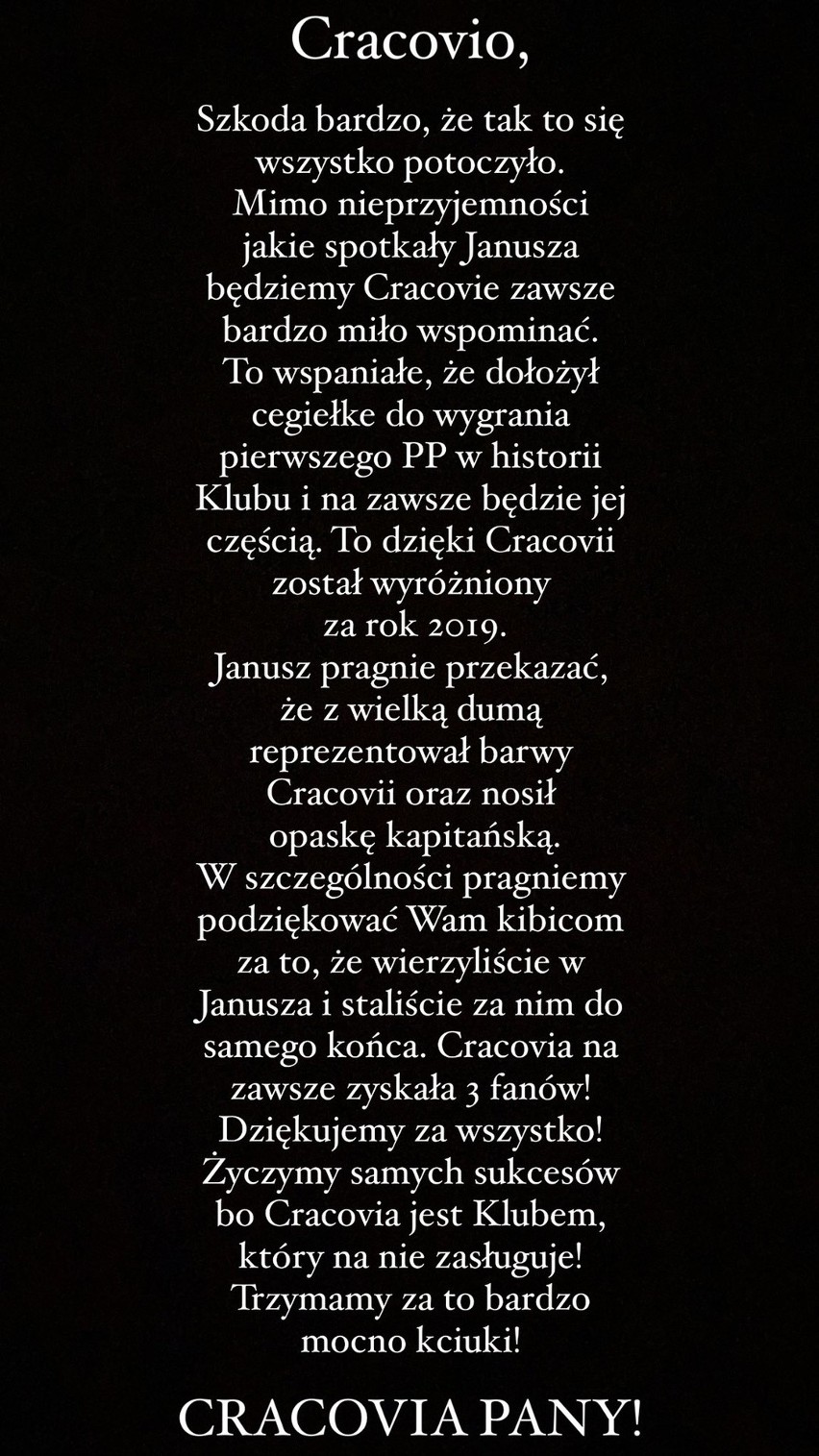 List żony Janusza Gola do kibiców Cracovii