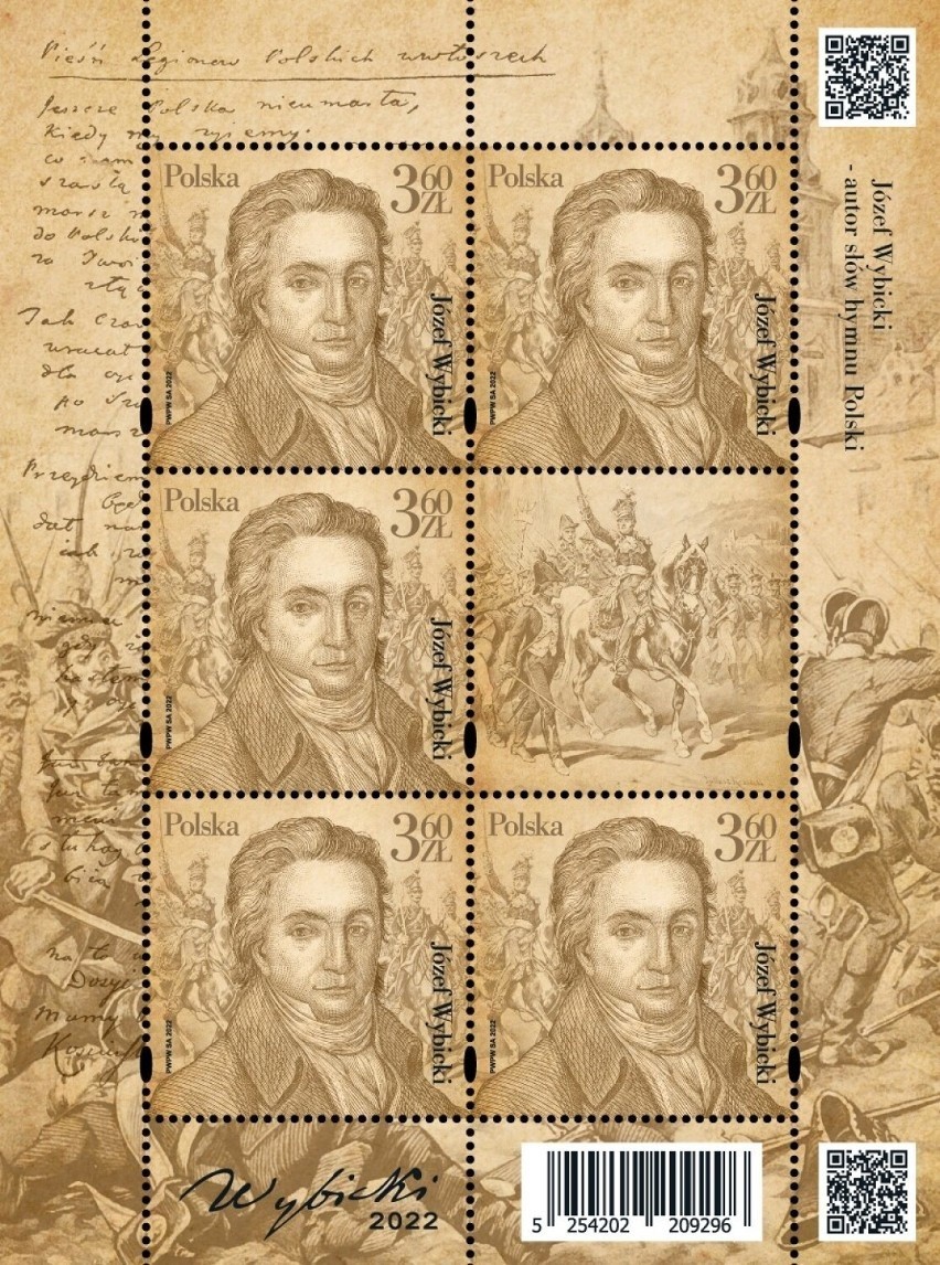 Wizerunek Józefa Wybickiego na znaczkach pocztowych. To z okazji 275 urodzin autora "Mazurka Dąbrowskiego"