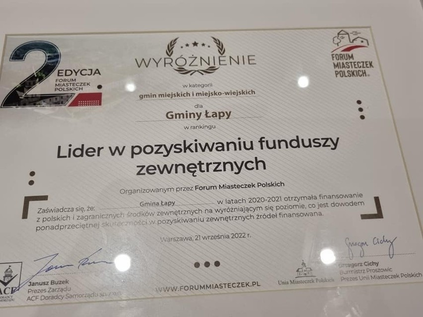 Łapy. Gmina wyróżniona przez Forum Miasteczek Polskich za skuteczne pozyskiwanie środków zewnętrznych