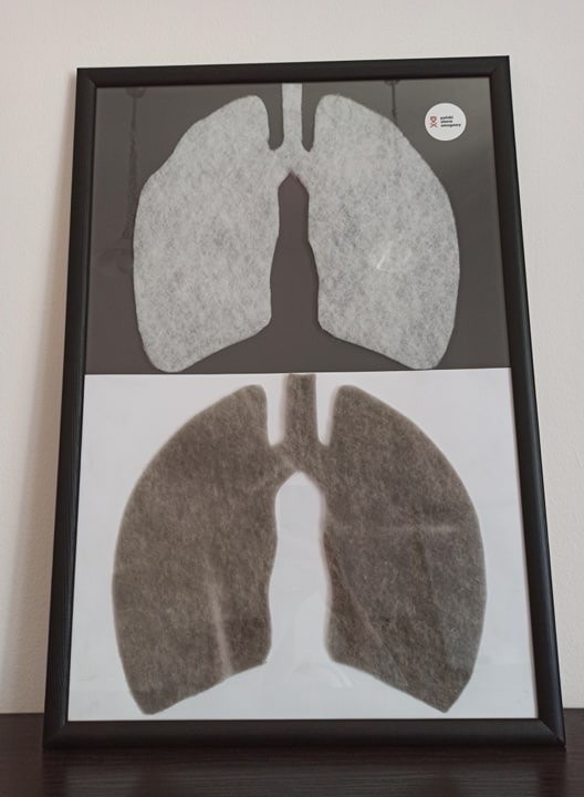 Obraz "płuc" z tkaniny filtracyjnej, zanieczyszczonych...