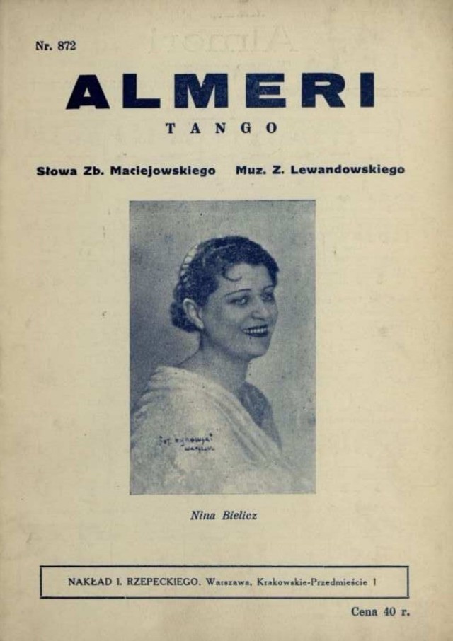 Winieta nut z portretem popularnej pieśniarki Niny Bielicz, 1923 rok. Jej występy w Białymstoku wzbudziły duże zainteresowanie, ale i tak publiczność najbardziej oczekiwała na popisy psich gwiazd , które były w programie.