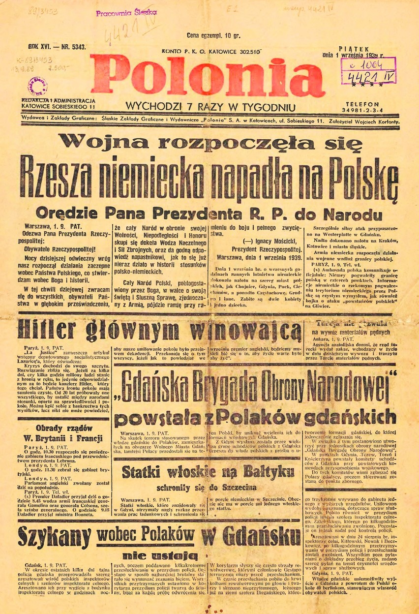 Pierwsza strona gazety "Polonia" z 1 września 1939 roku i...