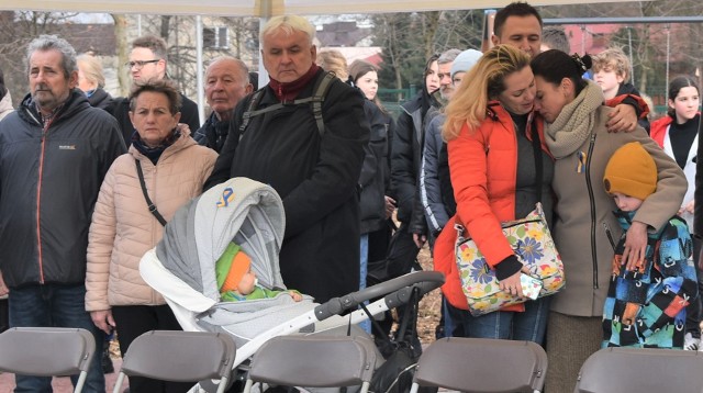 Mieszkańcy Oświęcimia i uchodźcy z Ukrainy spotkali się w parku Zasole, aby razem zasadzić kasztanowca - symbol poparcia oświęcimian dla narodu ukraińskiego
