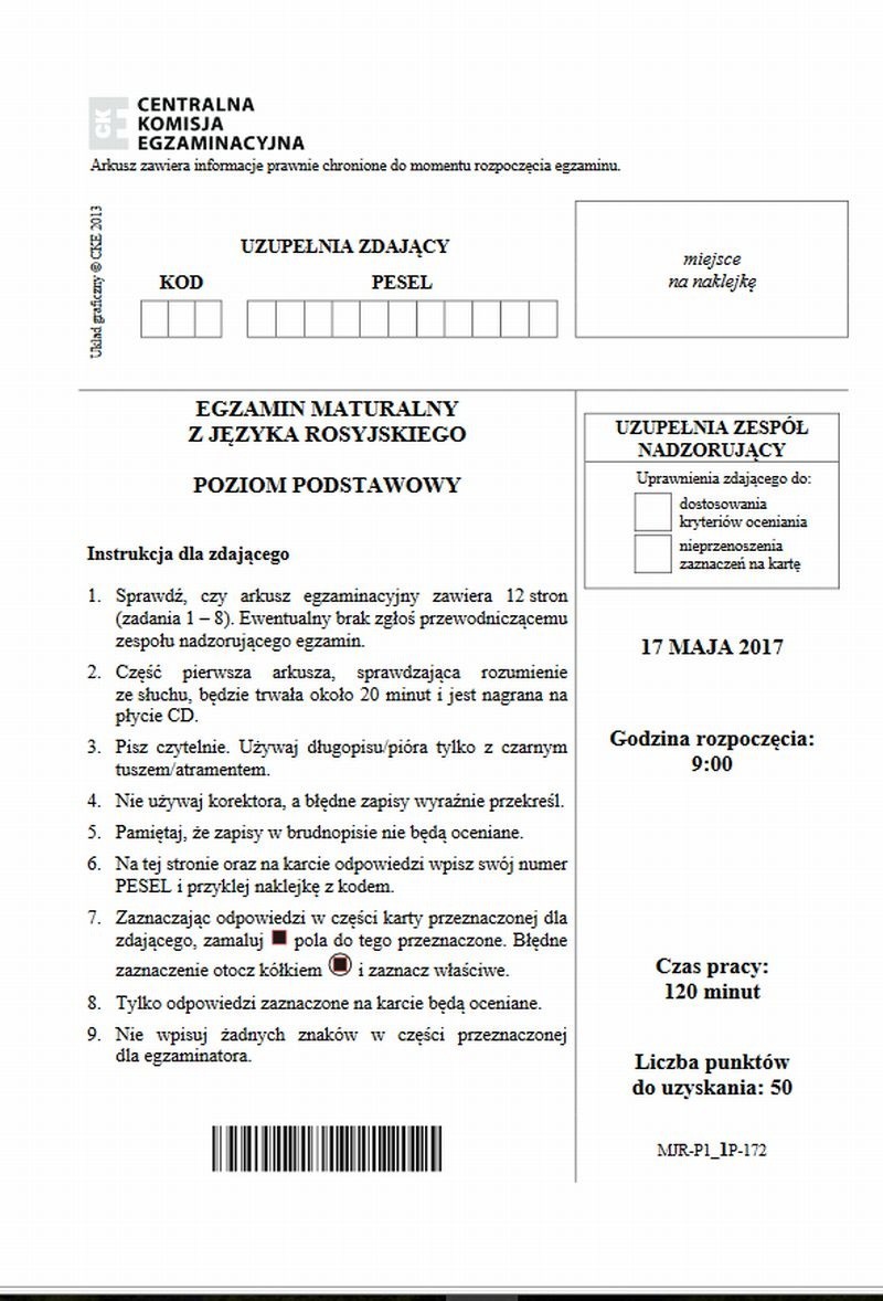 MATURA JĘZYK ROSYJSKI 2017. ARKUSZE CKE JĘZYK ROSYJSKI MATURA