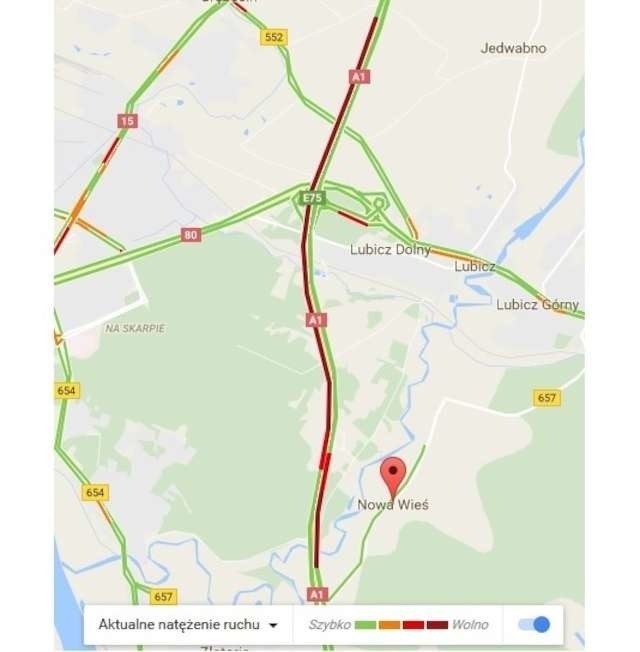 Wg. Google Maps największe natężenie ruchu na A1 w rejonie...