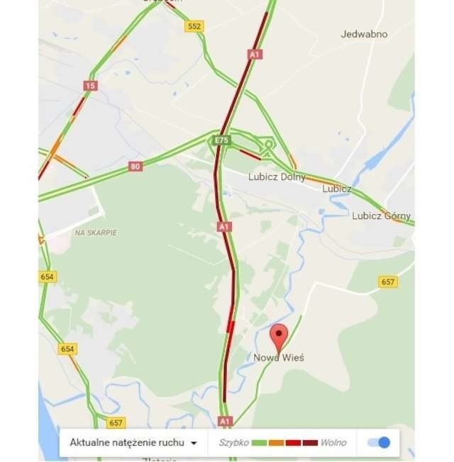 Wg. Google Maps największe natężenie ruchu na A1 w rejonie Torunia zaczyna się obecnie na wysokości Grębocina (kier. Łódź) i kończy za bramkami w Nowej Wsi