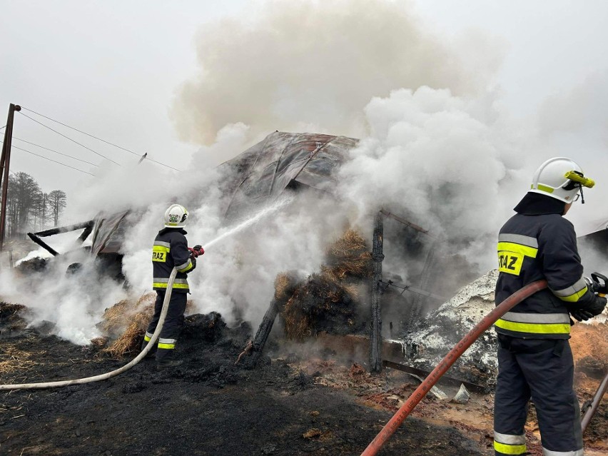 Pożar w Kuskowie. Spłonęła stodoła, a wraz z nią 30 ton zboża, bele siana i stogi słomy. Do pożaru doszło 15.02.2023