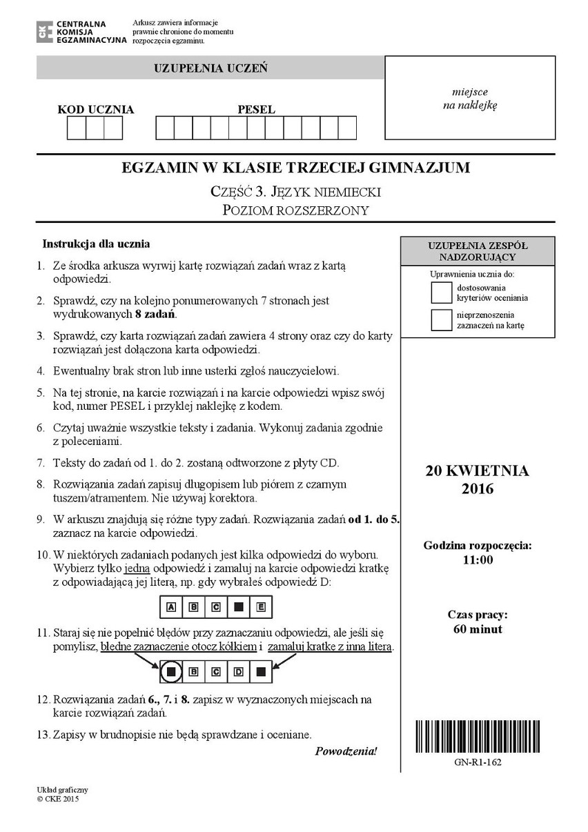 Egzamin gimnazjalny 2016: Język niemiecki - rozszerzenie...